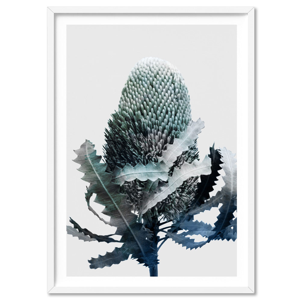Banksia Blues Abstract II - Art Print, Poster, Stretched Canvas, or Framed Wall Art Print, shown in a white frame