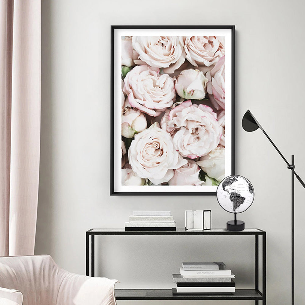 Light Roses | Sea of Flowers - Art Print, Poster, Stretched Canvas or Framed Wall Art, shown framed in a room