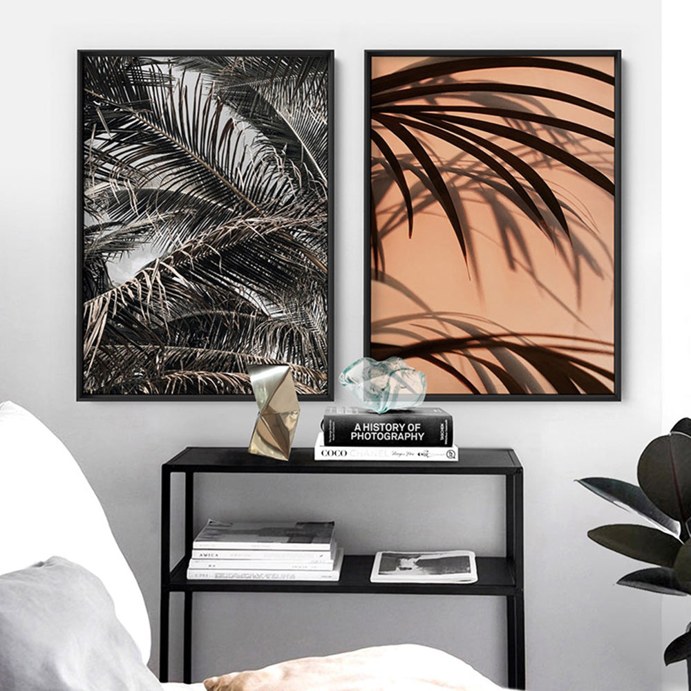 Burnt Orange Palms View - Art Print, Poster, Stretched Canvas or Framed Wall Art, shown framed in a home interior space