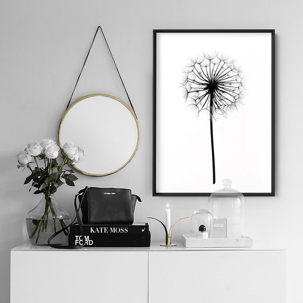 Dandelion Monochrome - Art Print, Poster, Stretched Canvas or Framed Wall Art, shown framed in a room