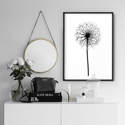 Dandelion Monochrome - Art Print, Poster, Stretched Canvas or Framed Wall Art, shown framed in a room