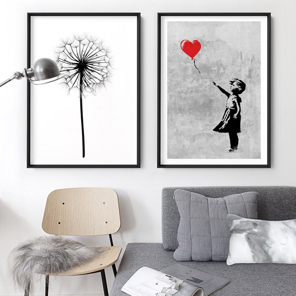 Dandelion Monochrome - Art Print, Poster, Stretched Canvas or Framed Wall Art, shown framed in a home interior space