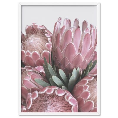 Queen Protea Stack - Art Print, Poster, Stretched Canvas, or Framed Wall Art Print, shown in a white frame