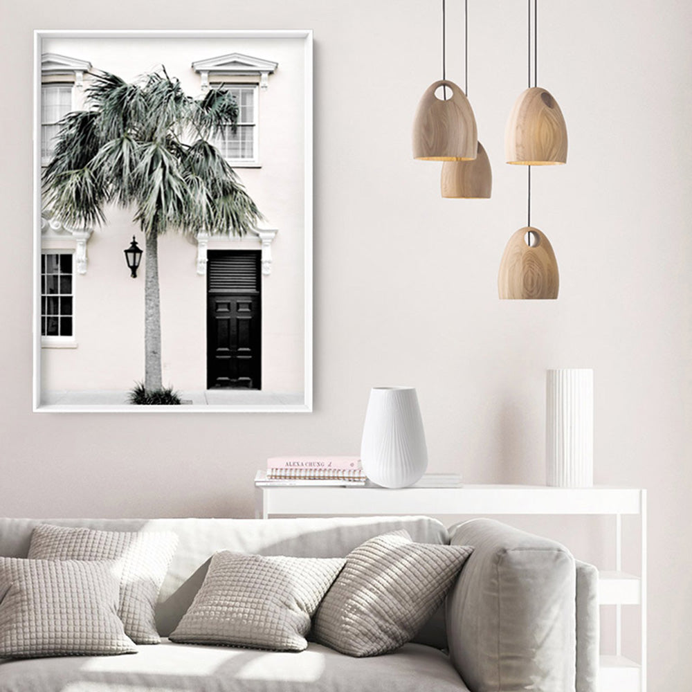 Palm Villa Doorway | Eggshell - Art Print, Poster, Stretched Canvas or Framed Wall Art, shown framed in a room