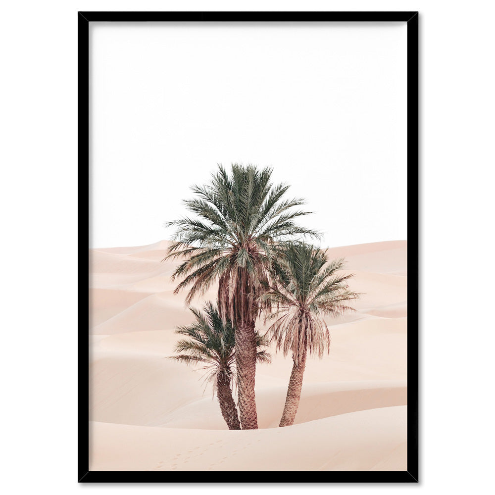 Desert Palms on Sand Dunes I - Art Print, Poster, Stretched Canvas, or Framed Wall Art Print, shown in a black frame