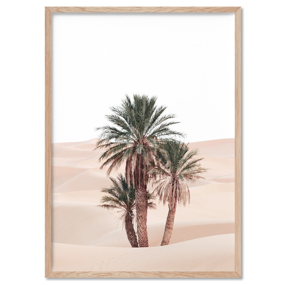 Desert Palms on Sand Dunes I - Art Print, Poster, Stretched Canvas, or Framed Wall Art Print, shown in a natural timber frame