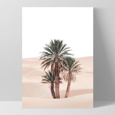 Desert Palms on Sand Dunes I - Art Print, Poster, Stretched Canvas, or Framed Wall Art Print, shown as a stretched canvas or poster without a frame