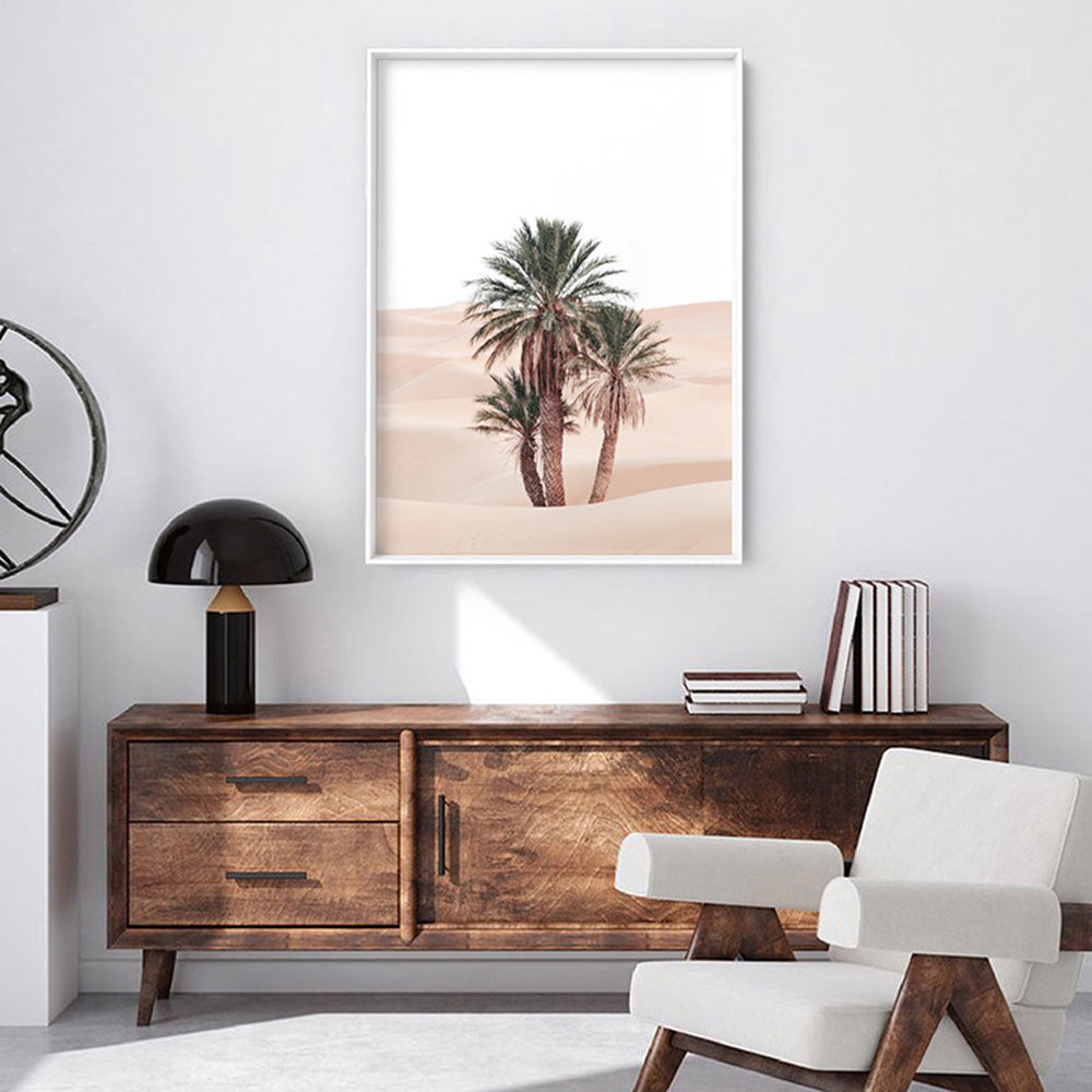 Desert Palms on Sand Dunes I - Art Print, Poster, Stretched Canvas or Framed Wall Art, shown framed in a room