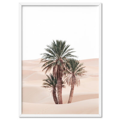 Desert Palms on Sand Dunes I - Art Print, Poster, Stretched Canvas, or Framed Wall Art Print, shown in a white frame