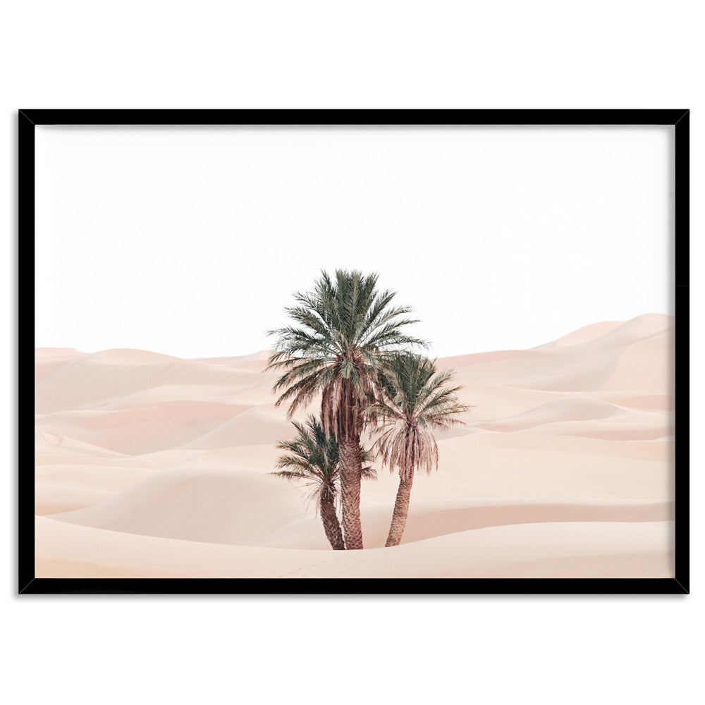 Desert Palms on Sand Dunes II Landscape - Art Print, Poster, Stretched Canvas, or Framed Wall Art Print, shown in a black frame