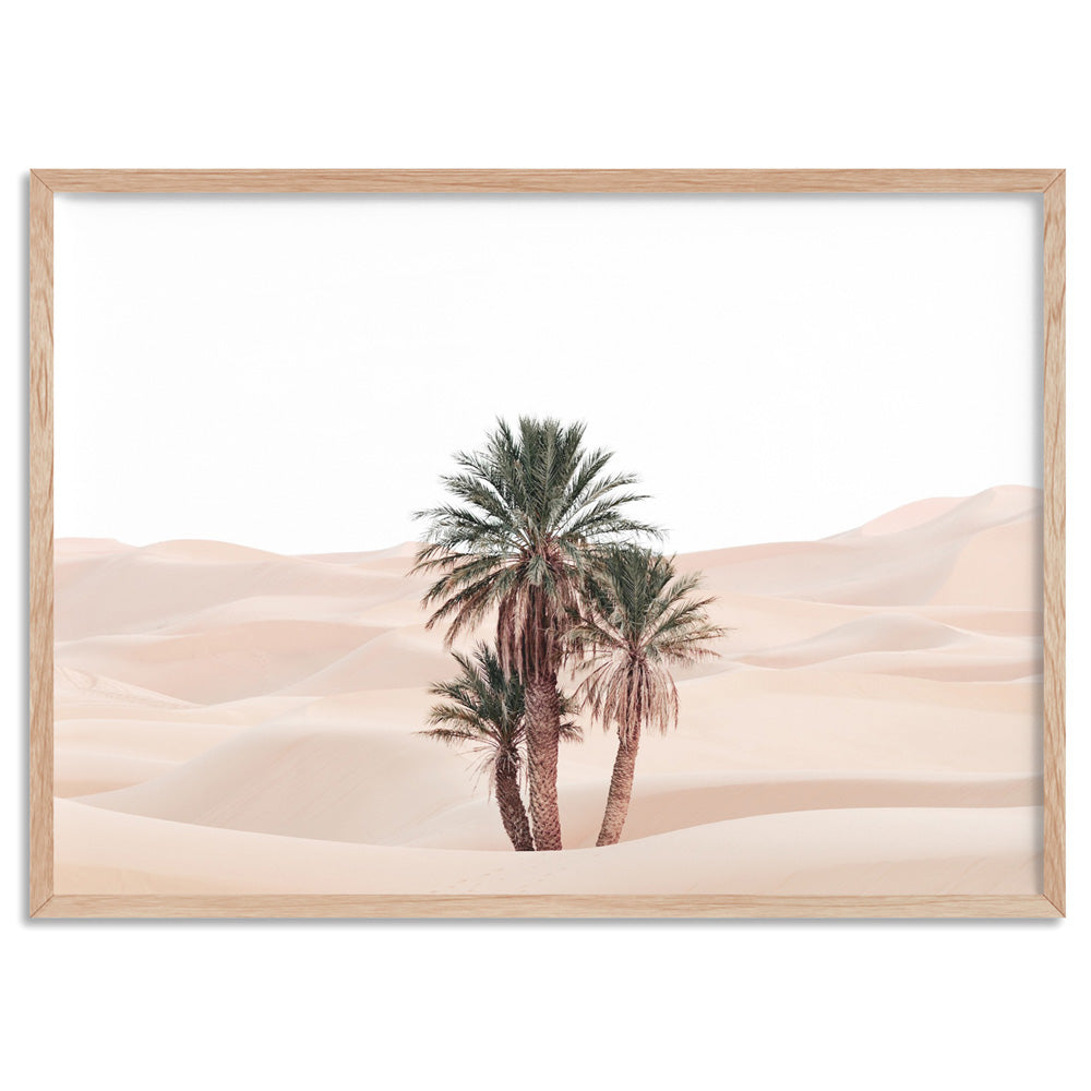 Desert Palms on Sand Dunes II Landscape - Art Print, Poster, Stretched Canvas, or Framed Wall Art Print, shown in a natural timber frame