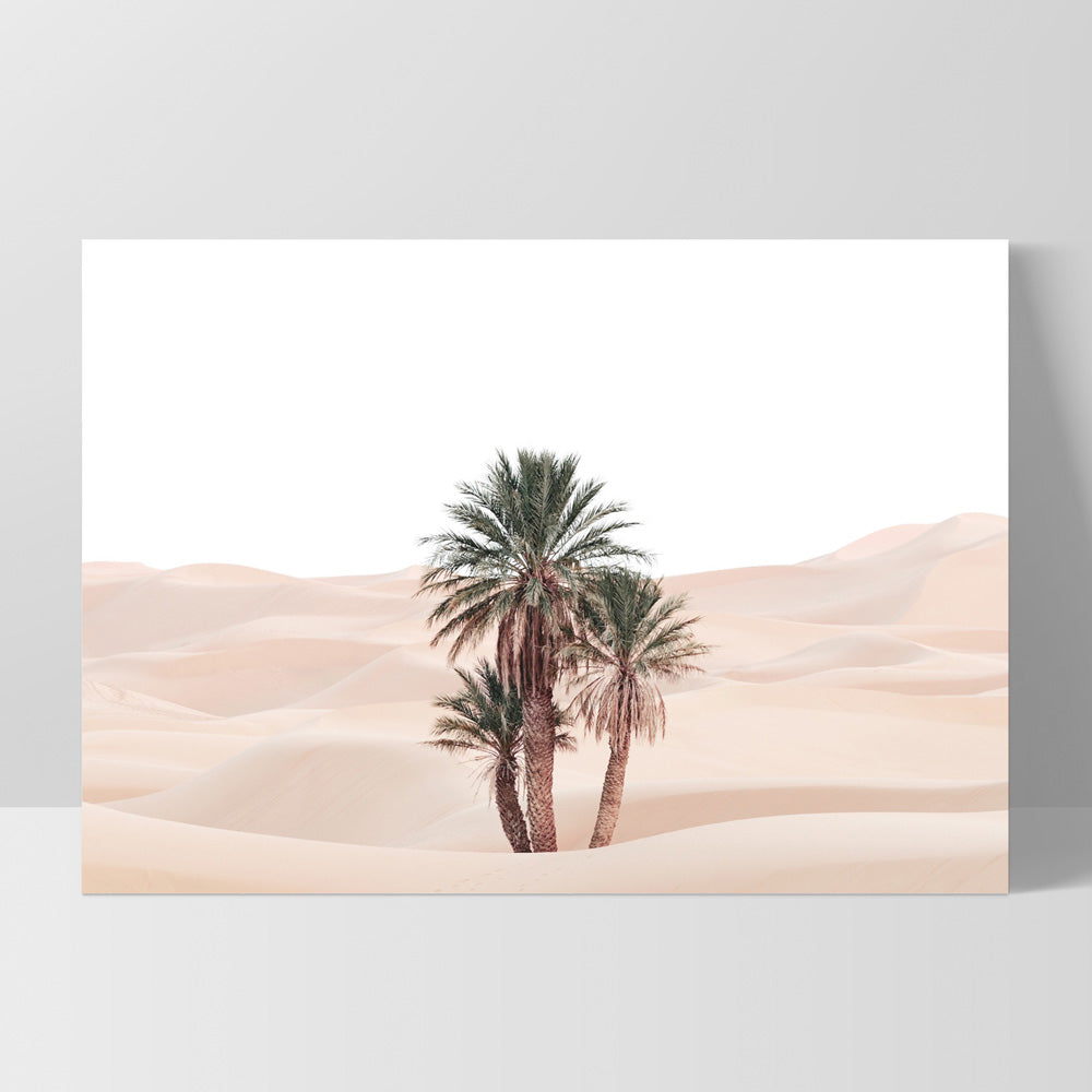 Desert Palms on Sand Dunes II Landscape - Art Print, Poster, Stretched Canvas, or Framed Wall Art Print, shown as a stretched canvas or poster without a frame