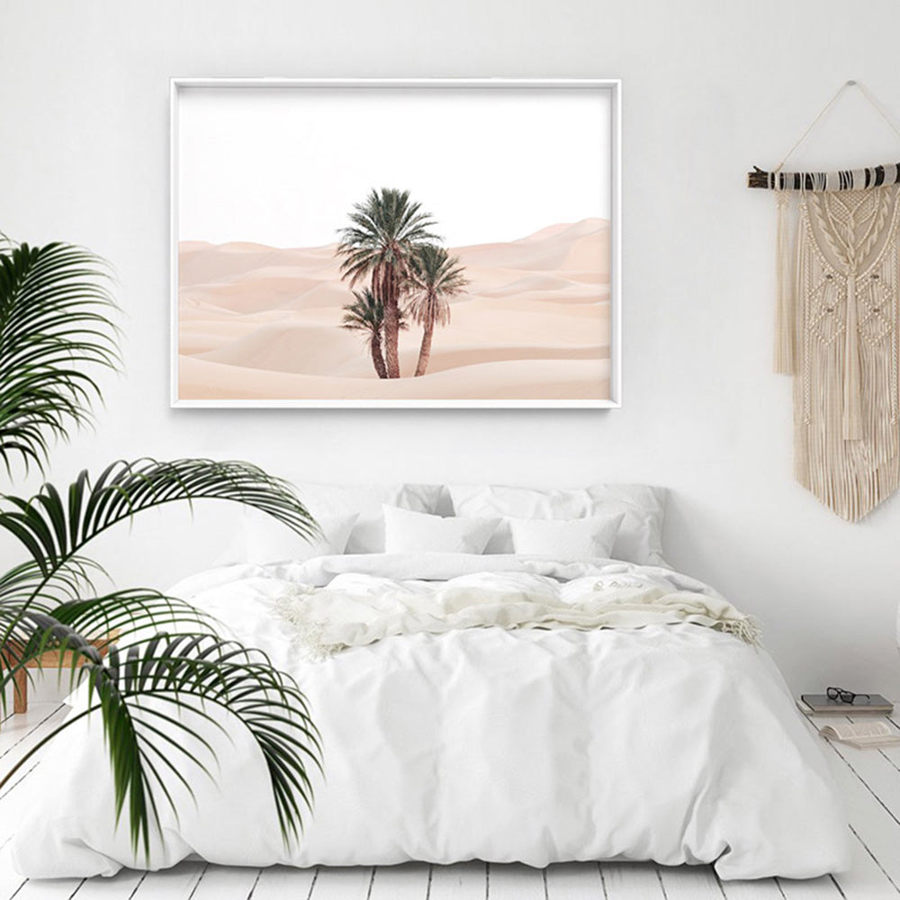 Desert Palms on Sand Dunes II Landscape - Art Print, Poster, Stretched Canvas or Framed Wall Art Prints, shown framed in a room