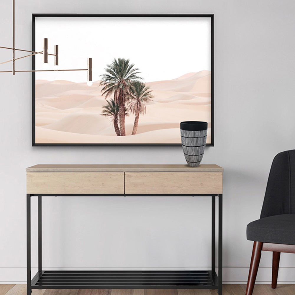 Desert Palms on Sand Dunes II Landscape - Art Print, Poster, Stretched Canvas or Framed Wall Art, shown framed in a home interior space