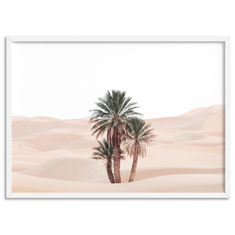 Desert Palms on Sand Dunes II Landscape - Art Print, Poster, Stretched Canvas, or Framed Wall Art Print, shown in a white frame