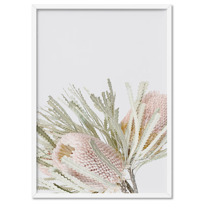 Pastel Banksias Blush I - Art Print, Poster, Stretched Canvas, or Framed Wall Art Print, shown in a white frame