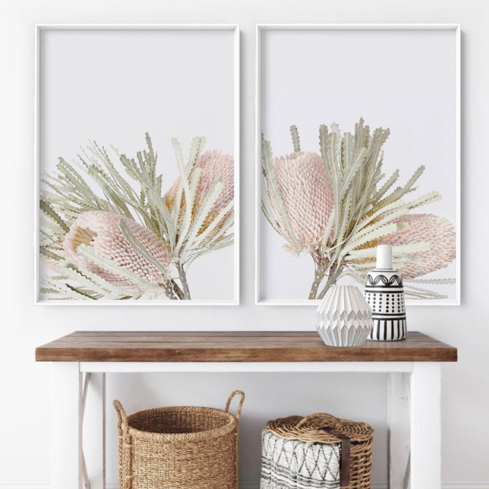 Pastel Banksias Blush II - Art Print, Poster, Stretched Canvas or Framed Wall Art, shown framed in a home interior space