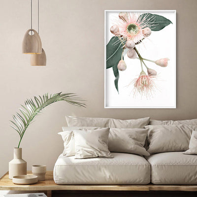 Flowering Eucalyptus in Blush II - Art Print, Poster, Stretched Canvas or Framed Wall Art, shown framed in a room