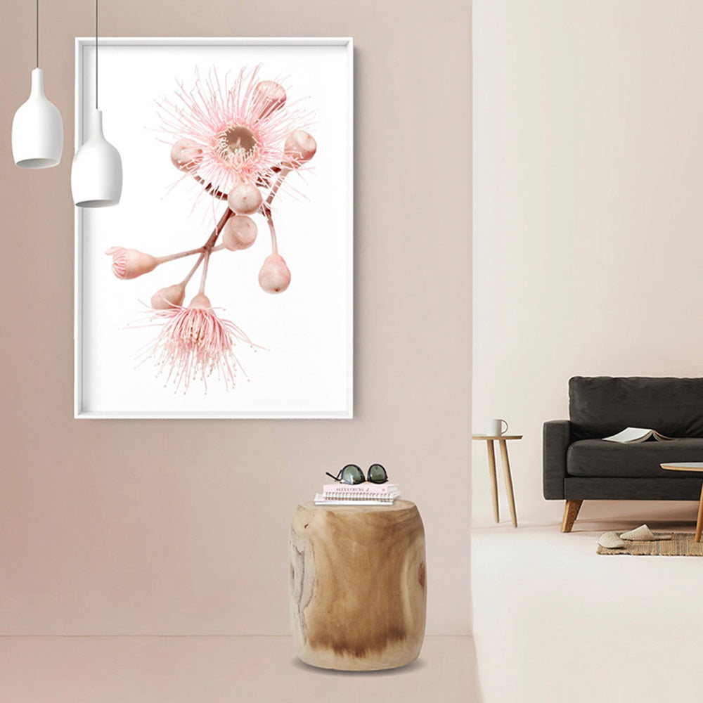 Blushing Gumtree Blossom - Art Print, Poster, Stretched Canvas or Framed Wall Art, shown framed in a room