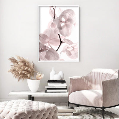 Pastel Orchid Blooms I - Art Print, Poster, Stretched Canvas or Framed Wall Art, shown framed in a room