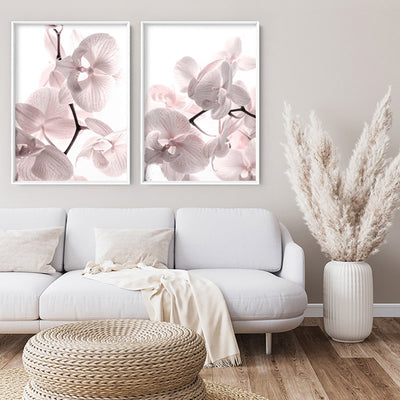 Pastel Orchid Blooms I - Art Print, Poster, Stretched Canvas or Framed Wall Art, shown framed in a home interior space