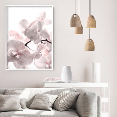 Pastel Orchid Blooms II - Art Print, Poster, Stretched Canvas or Framed Wall Art, shown framed in a room