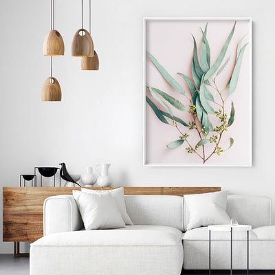 Australian Gumtree Leaves on Pink - Art Print, Poster, Stretched Canvas or Framed Wall Art, shown framed in a room