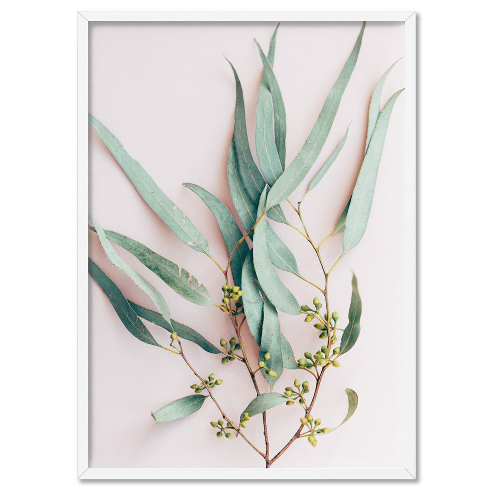 Australian Gumtree Leaves on Pink - Art Print, Poster, Stretched Canvas, or Framed Wall Art Print, shown in a white frame
