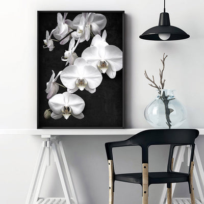 Orchid Blooms on Dark - Art Print, Poster, Stretched Canvas or Framed Wall Art, shown framed in a room