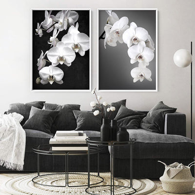 Orchid Blooms on Grey - Art Print, Poster, Stretched Canvas or Framed Wall Art, shown framed in a home interior space