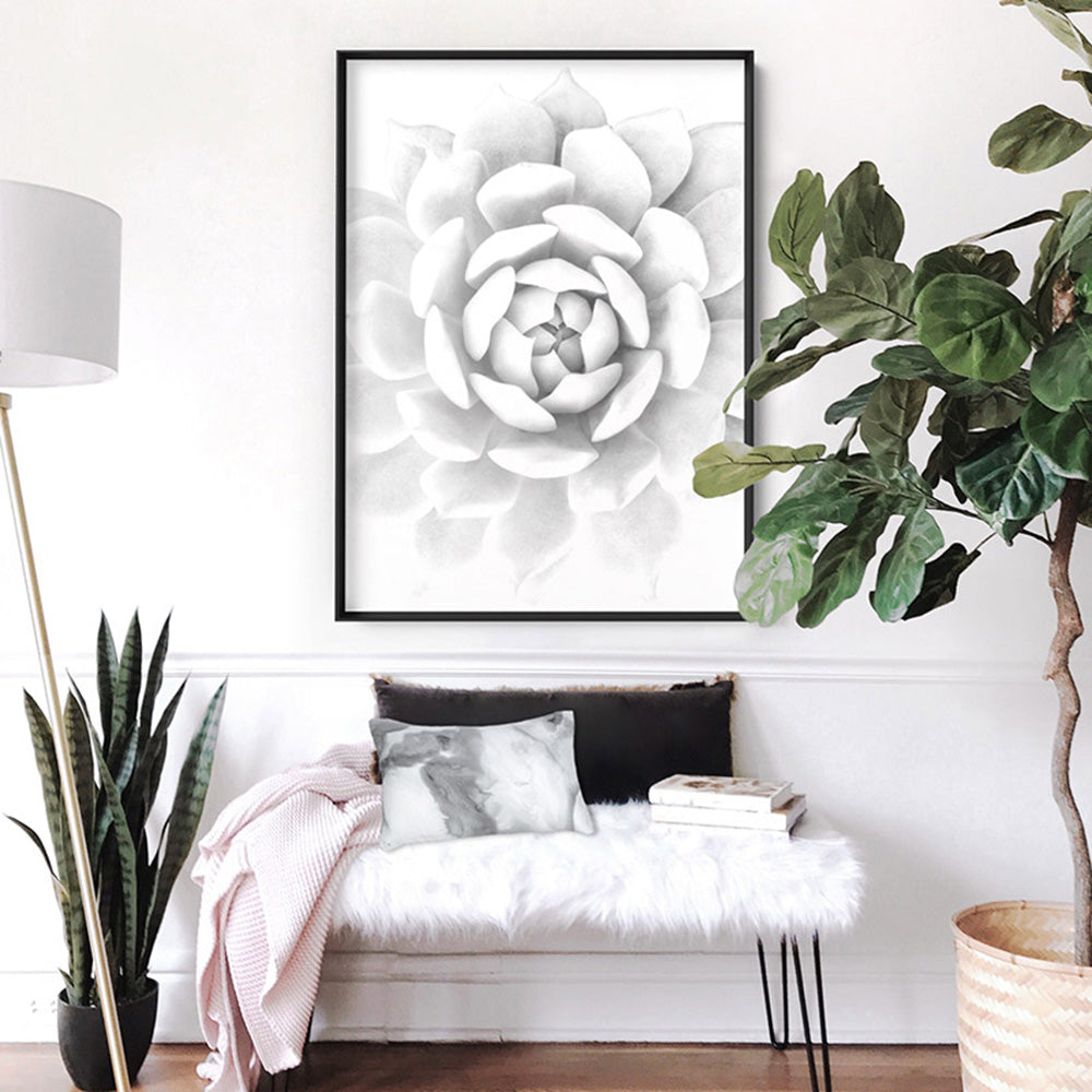 White Succulent - Art Print, Poster, Stretched Canvas or Framed Wall Art, shown framed in a room