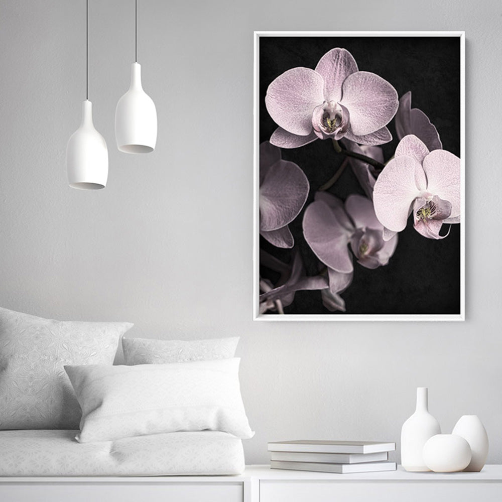 Blushing Orchids on Dark- Art Print, Poster, Stretched Canvas or Framed Wall Art, shown framed in a room