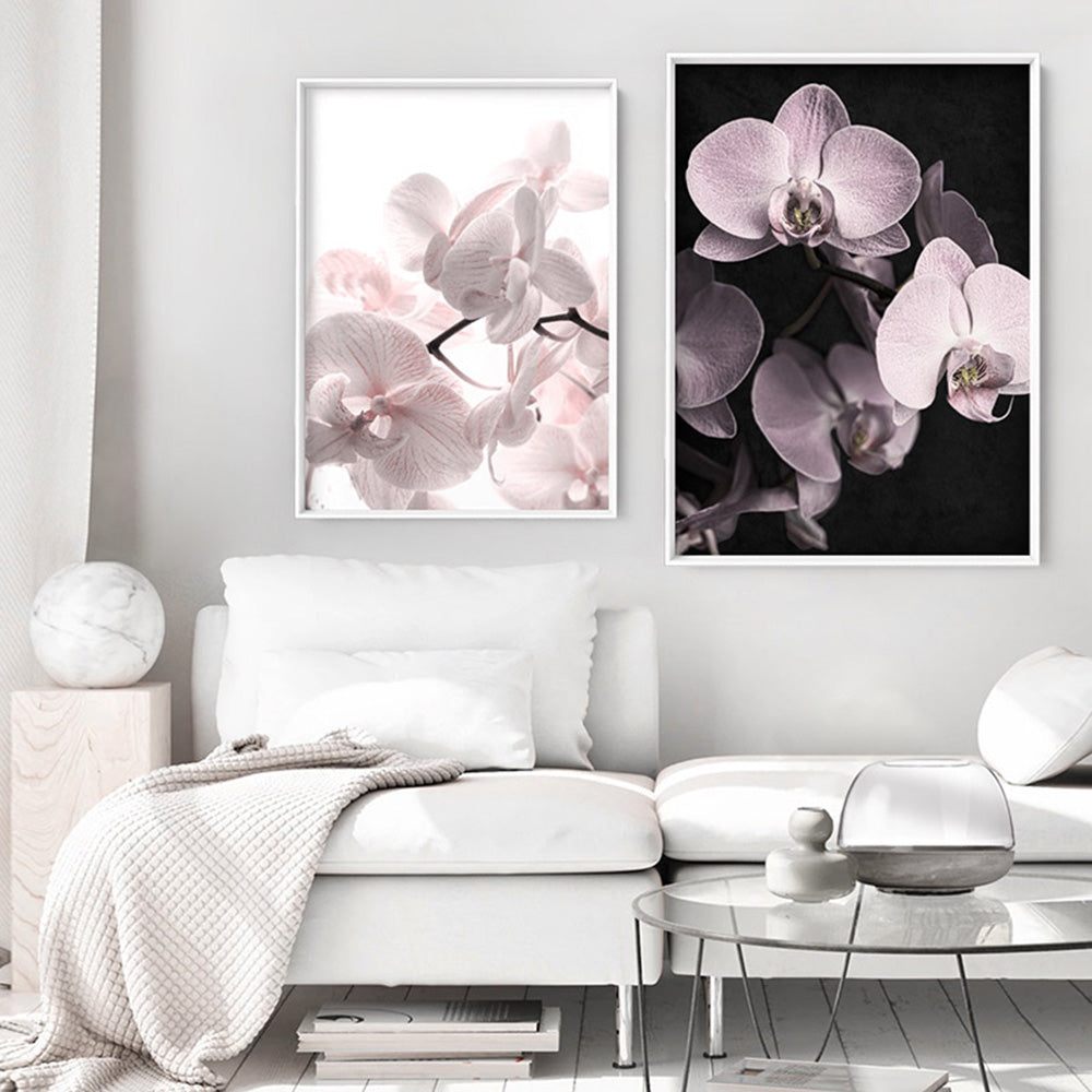 Blushing Orchids on Dark- Art Print, Poster, Stretched Canvas or Framed Wall Art, shown framed in a home interior space