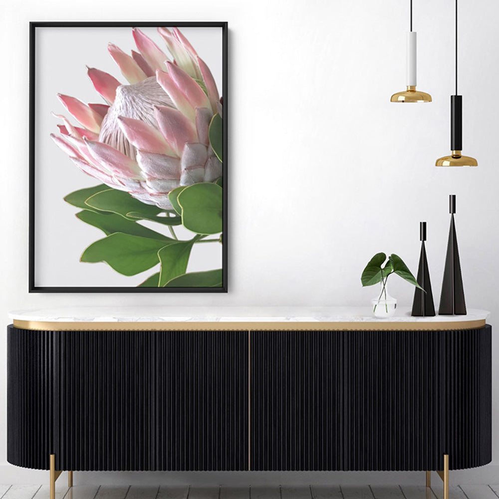 King Protea Soft Blush - Art Print, Poster, Stretched Canvas or Framed Wall Art, shown framed in a room