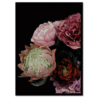 Dark Floral I - Art Print, Poster, Stretched Canvas, or Framed Wall Art Print, shown in a black frame
