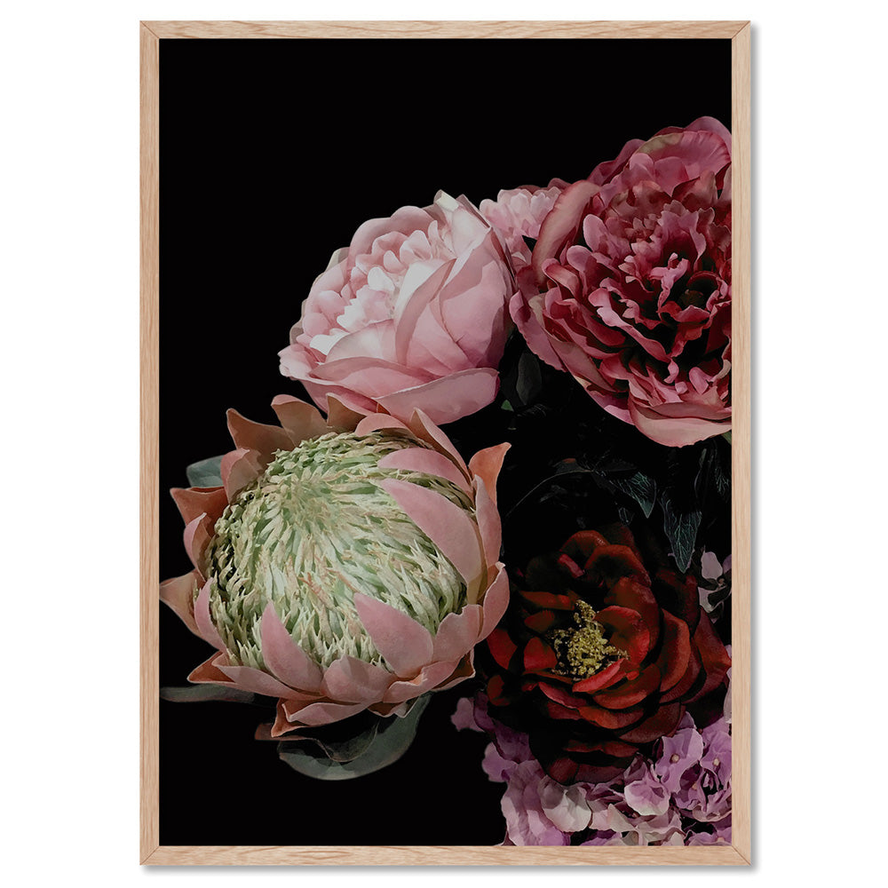 Dark Floral I - Art Print, Poster, Stretched Canvas, or Framed Wall Art Print, shown in a natural timber frame