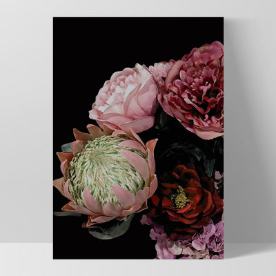 Dark Floral I - Art Print, Poster, Stretched Canvas, or Framed Wall Art Print, shown as a stretched canvas or poster without a frame