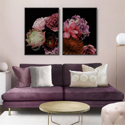 Dark Floral I - Art Print, Poster, Stretched Canvas or Framed Wall Art, shown framed in a home interior space