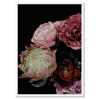 Dark Floral I - Art Print, Poster, Stretched Canvas, or Framed Wall Art Print, shown in a white frame