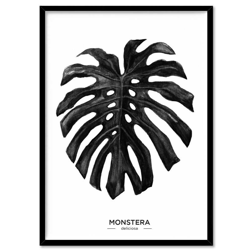 Monstera Scandi Leaf Watercolour (Black) - Art Print, Poster, Stretched Canvas, or Framed Wall Art Print, shown in a black frame