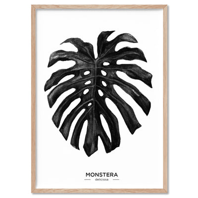 Monstera Scandi Leaf Watercolour (Black) - Art Print, Poster, Stretched Canvas, or Framed Wall Art Print, shown in a natural timber frame