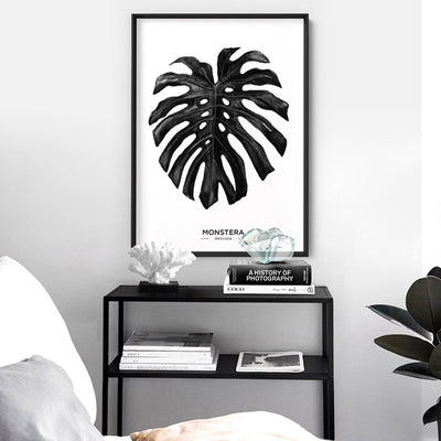 Monstera Scandi Leaf Watercolour (Black) - Art Print, Poster, Stretched Canvas or Framed Wall Art, shown framed in a room