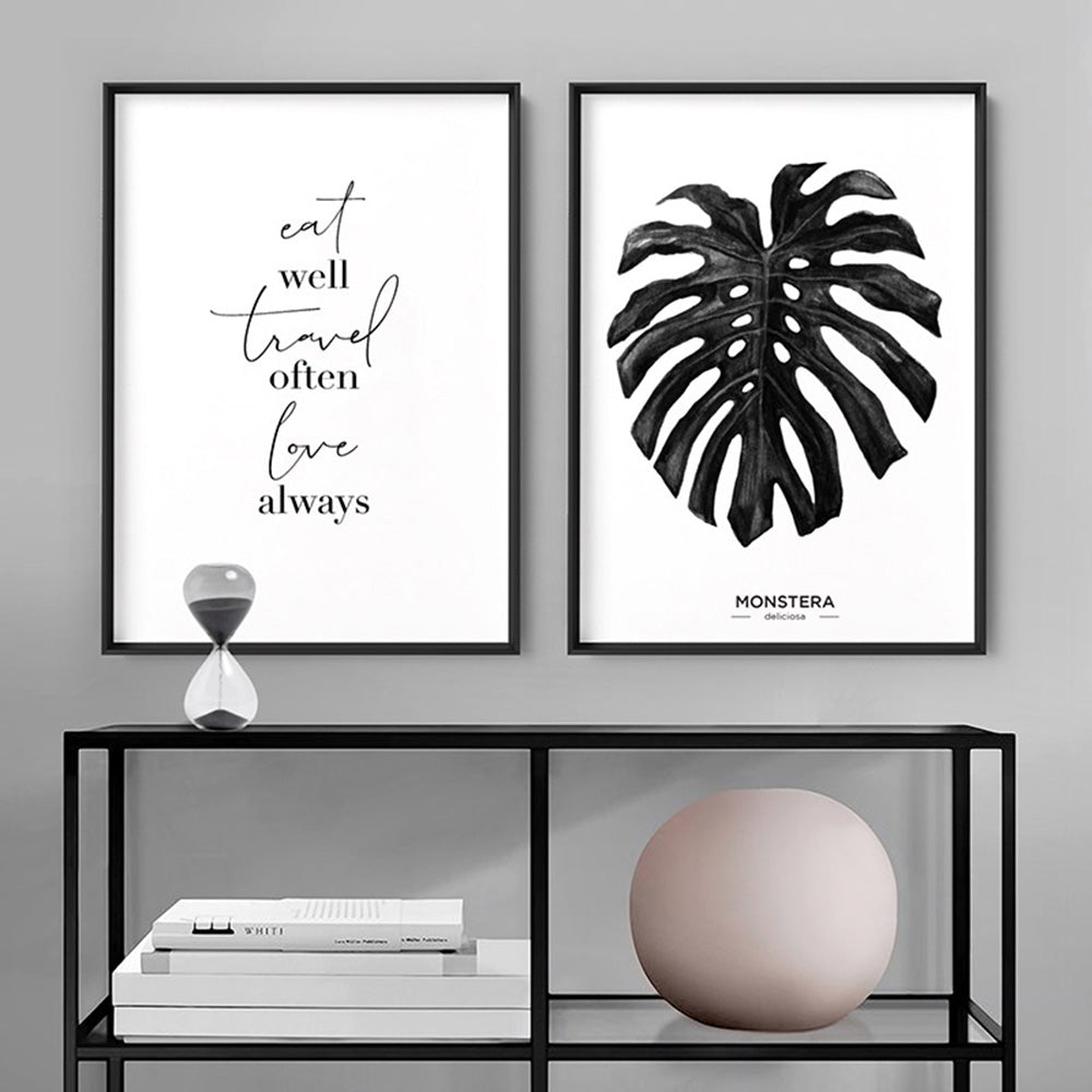 Monstera Scandi Leaf Watercolour (Black) - Art Print, Poster, Stretched Canvas or Framed Wall Art, shown framed in a home interior space