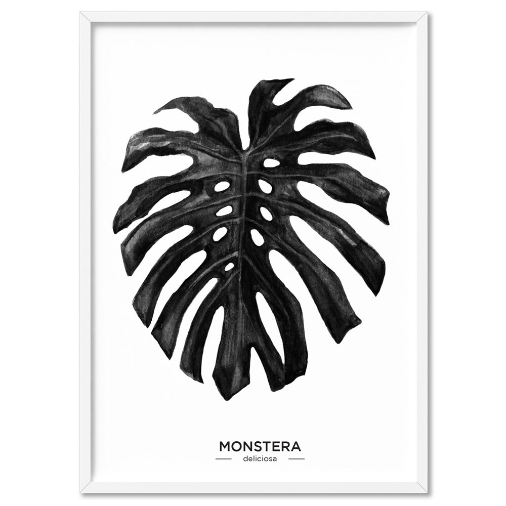 Monstera Scandi Leaf Watercolour (Black) - Art Print, Poster, Stretched Canvas, or Framed Wall Art Print, shown in a white frame