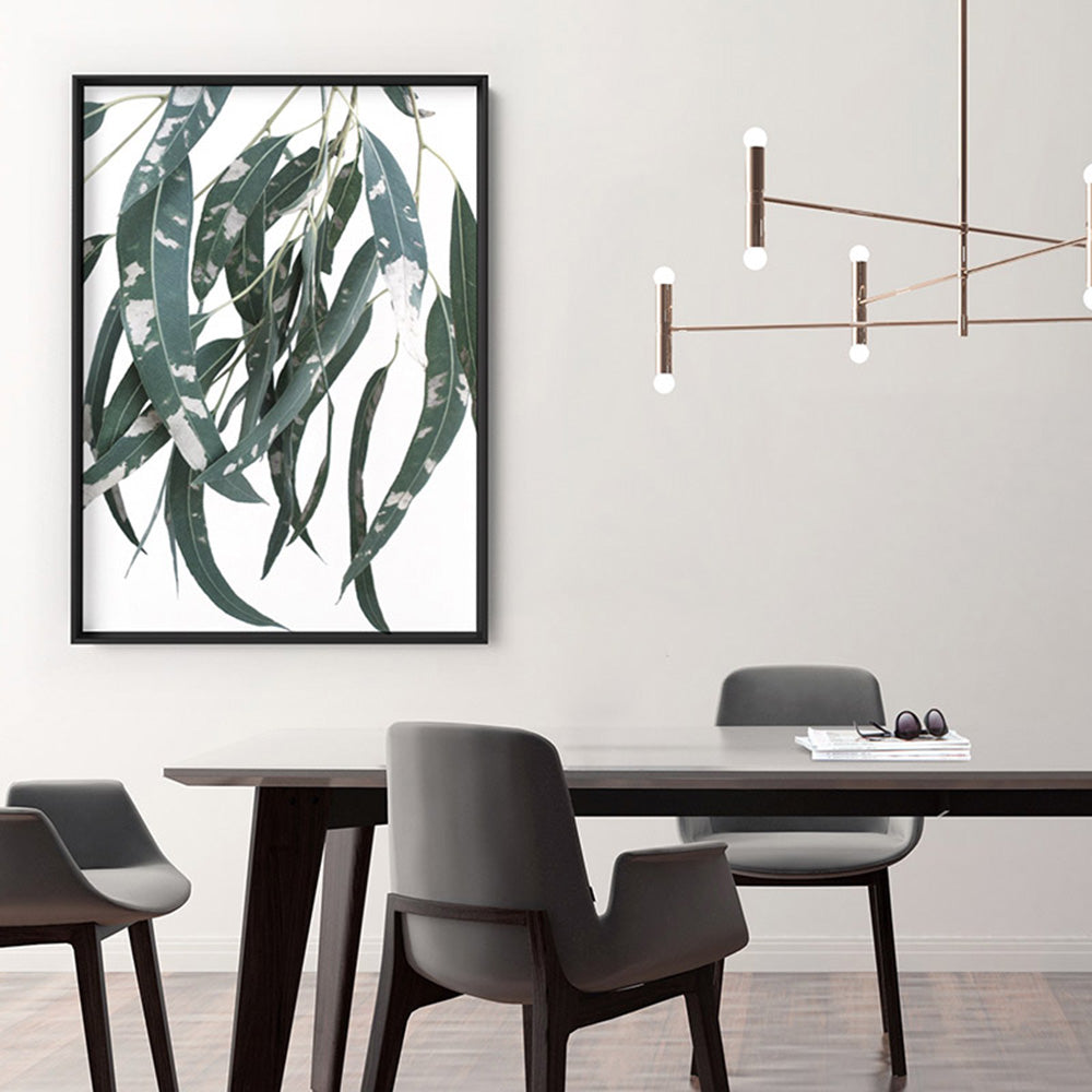 Spotty Gumtree Eucalyptus Leaves I - Art Print, Poster, Stretched Canvas or Framed Wall Art, shown framed in a room