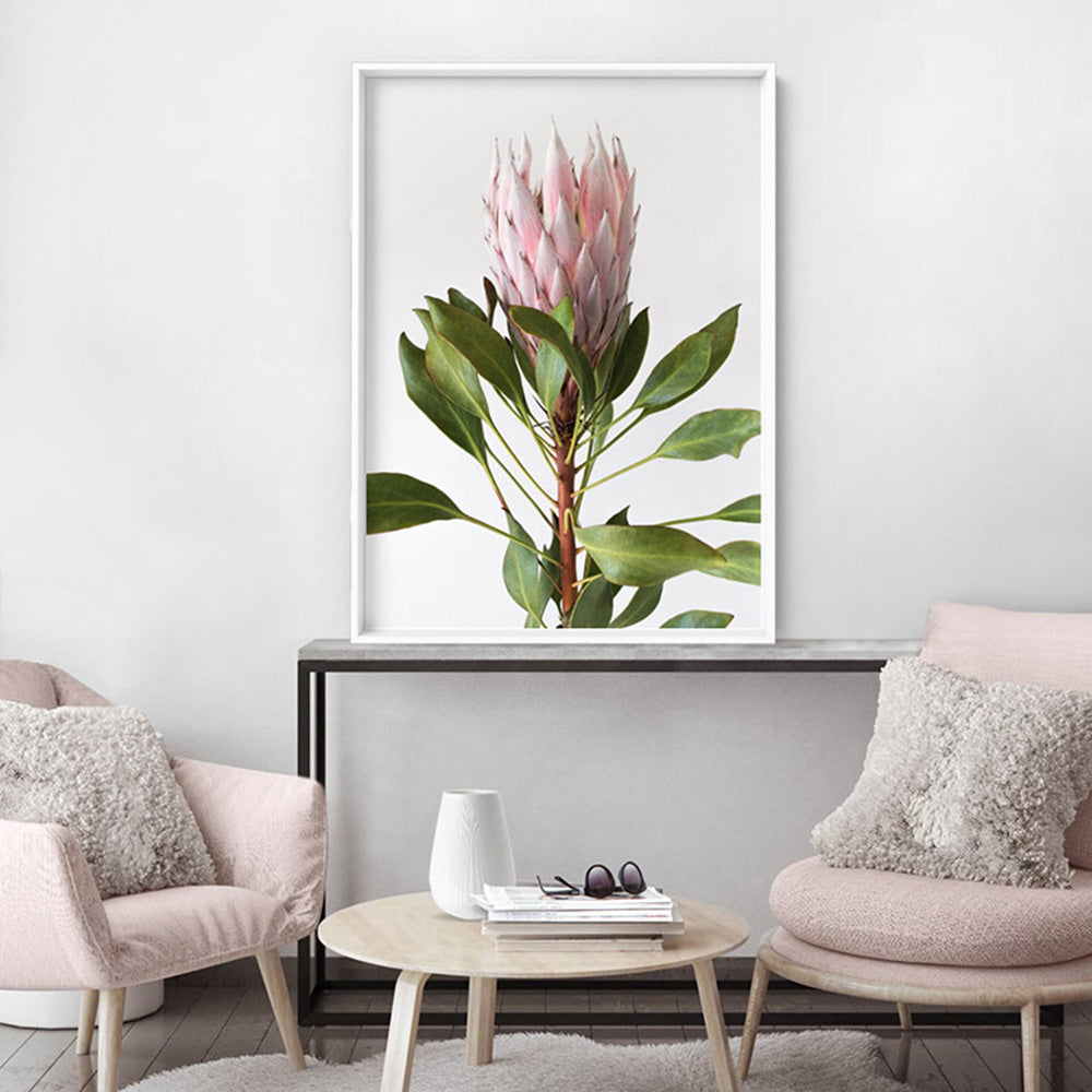 Queen Protea Portrait - Art Print, Poster, Stretched Canvas or Framed Wall Art, shown framed in a room