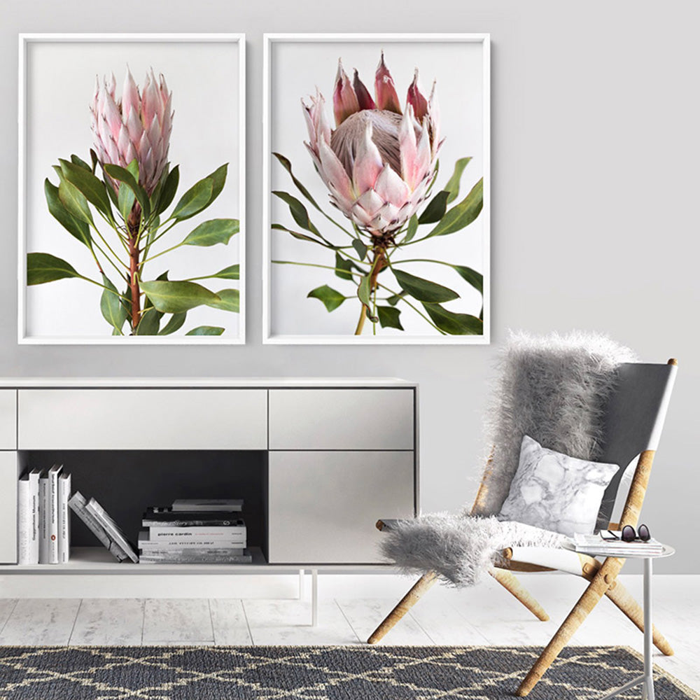 Queen Protea Portrait - Art Print, Poster, Stretched Canvas or Framed Wall Art, shown framed in a home interior space