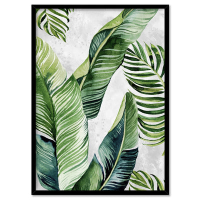 Tropical Palm & Banana Leaves Foliage in Watercolour I - Art Print, Poster, Stretched Canvas, or Framed Wall Art Print, shown in a black frame