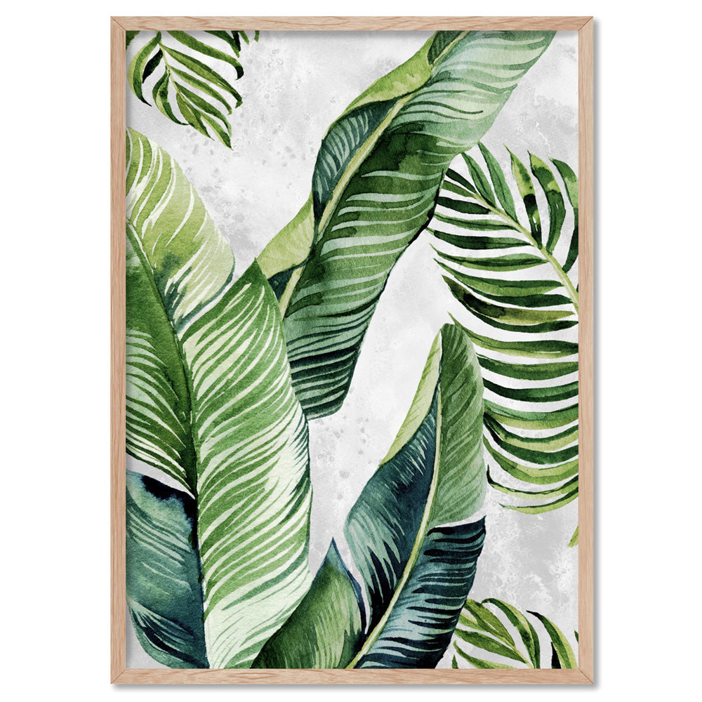 Tropical Palm & Banana Leaves Foliage in Watercolour I - Art Print, Poster, Stretched Canvas, or Framed Wall Art Print, shown in a natural timber frame