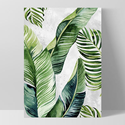 Tropical Palm & Banana Leaves Foliage in Watercolour I - Art Print, Poster, Stretched Canvas, or Framed Wall Art Print, shown as a stretched canvas or poster without a frame